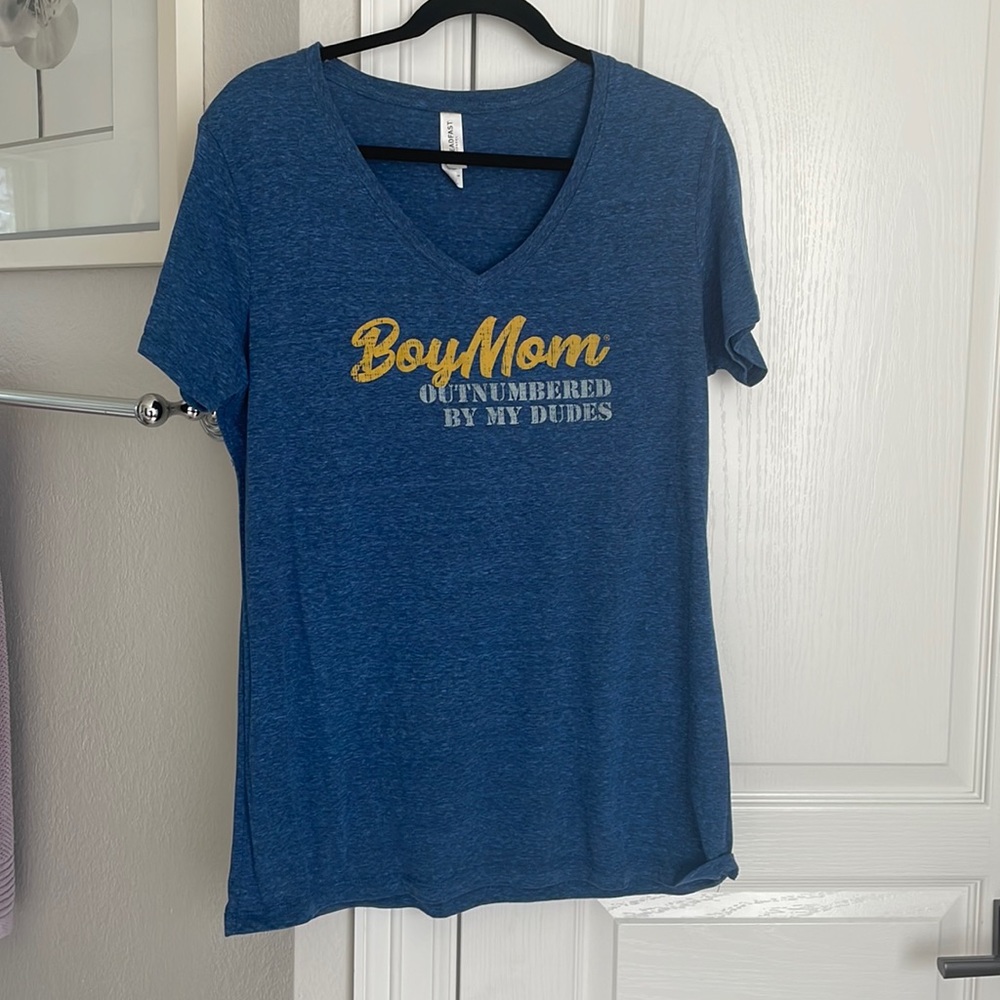 Boy mom Heather blue short sleeved t shirt.